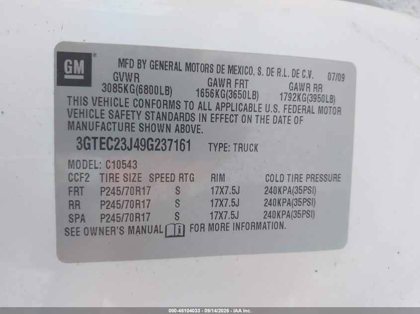 GMC SIERRA 1500 2009 VIN 3GTEC23J49G237161