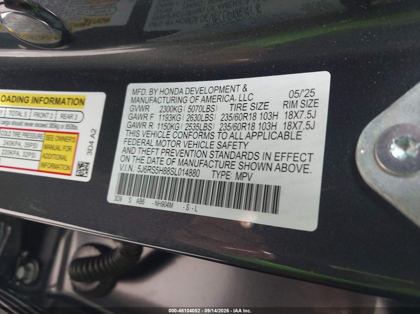 HONDA CR-V HYBRID 2025 VIN 5J6RS5H88SL014880