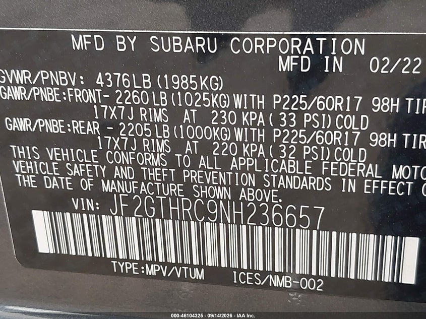 SUBARU CROSSTREK 2022 VIN JF2GTHRC9NH236657