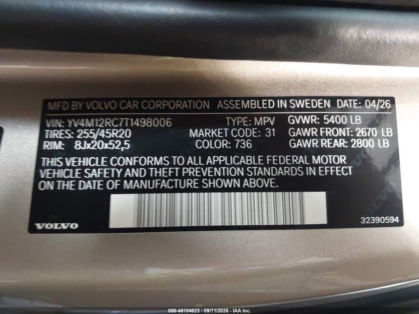 VOLVO XC60 2026 VIN YV4M12RC7T1498006
