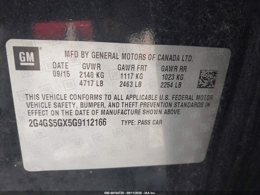 BUICK REGAL 2016 VIN 2G4GS5GX5G9112166