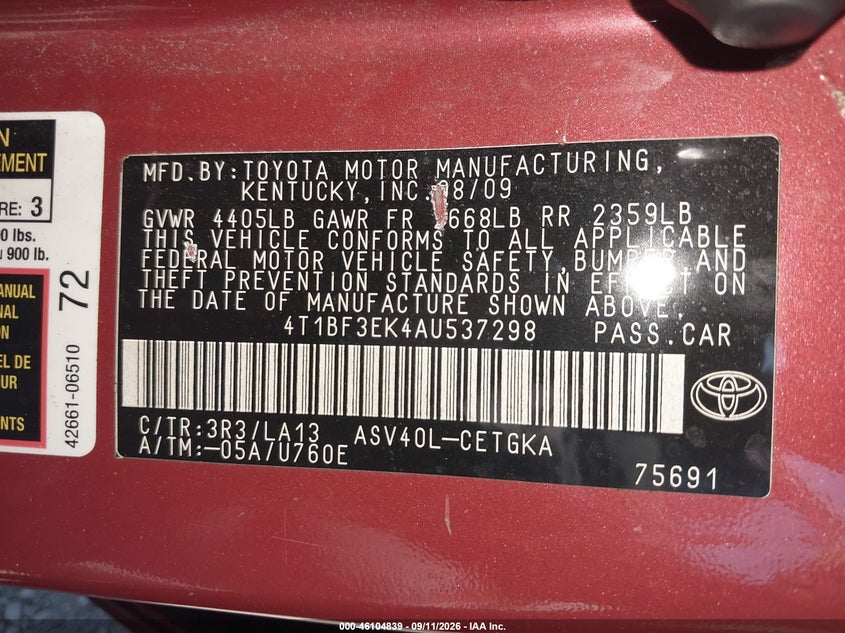 TOYOTA CAMRY 2010 VIN 4T1BF3EK4AU537298