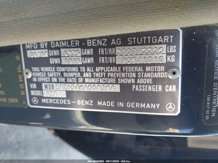 MERCEDES-BENZ 260 1987 VIN WDBEA26D4HA558284