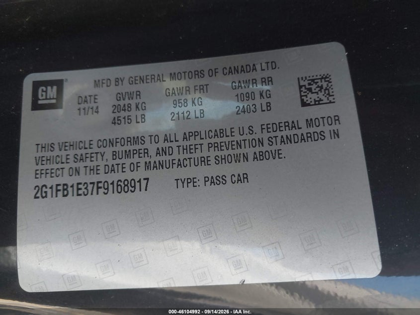 CHEVROLET CAMARO 2015 VIN 2G1FB1E37F9168917