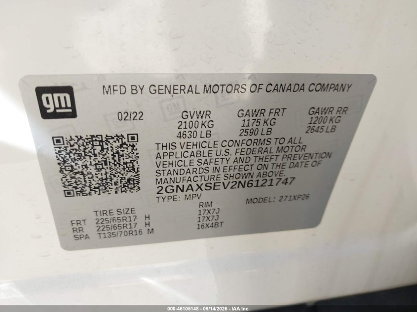 CHEVROLET EQUINOX 2022 VIN 2GNAXSEV2N6121747