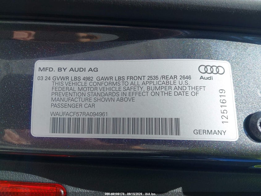 AUDI A5 SPORTBACK 2024 VIN WAUFACF57RA094961
