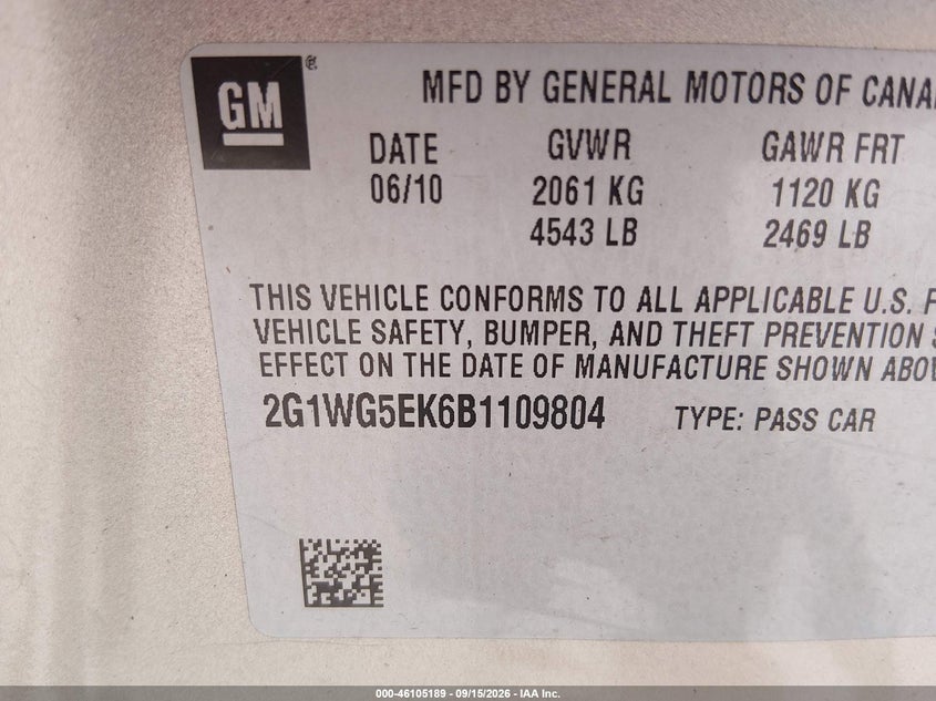 CHEVROLET IMPALA 2011 VIN 2G1WG5EK6B1109804