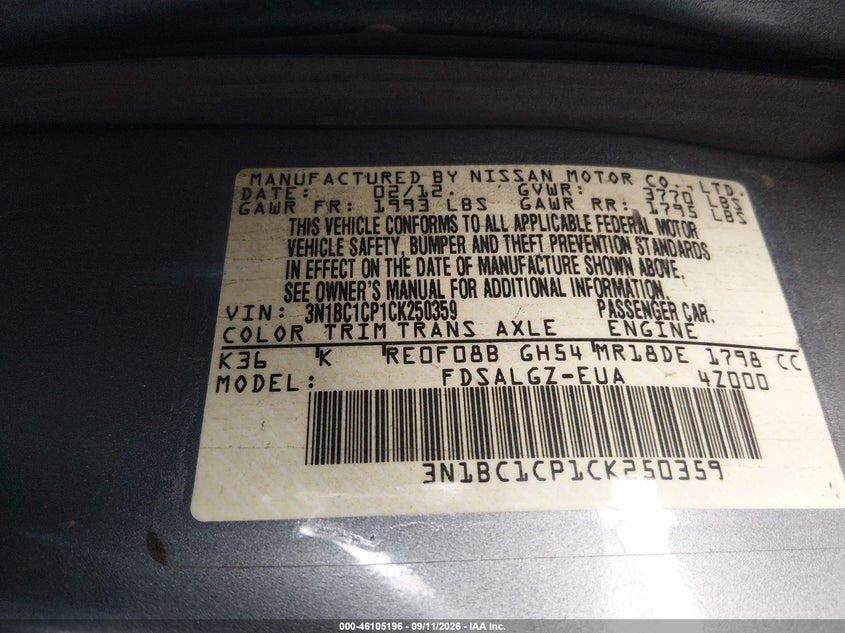 NISSAN VERSA 2012 VIN 3N1BC1CP1CK250359