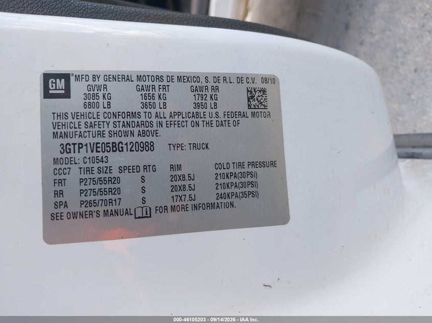 GMC SIERRA 1500 2011 VIN 3GTP1VE05BG120988