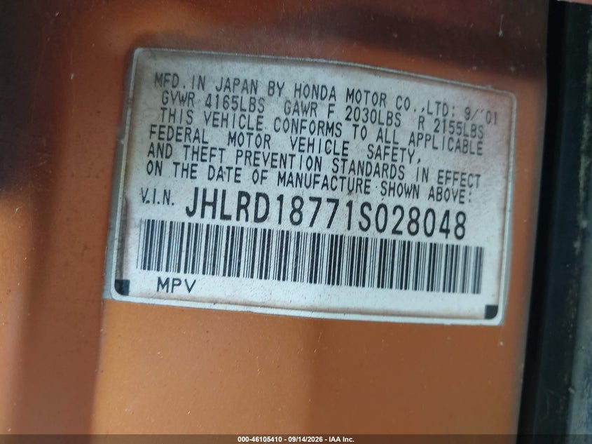 HONDA CR-V 2001 VIN JHLRD18771S028048