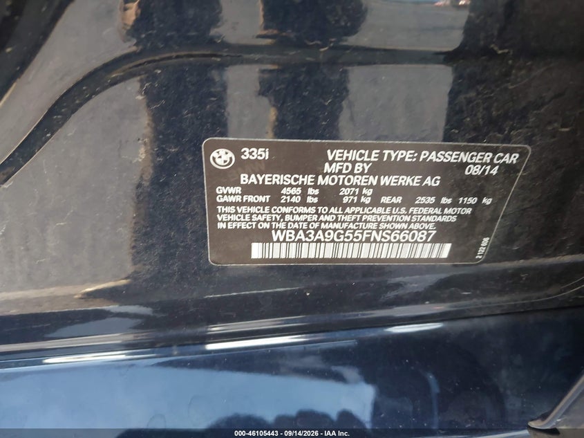 BMW 335I 2015 VIN WBA3A9G55FNS66087