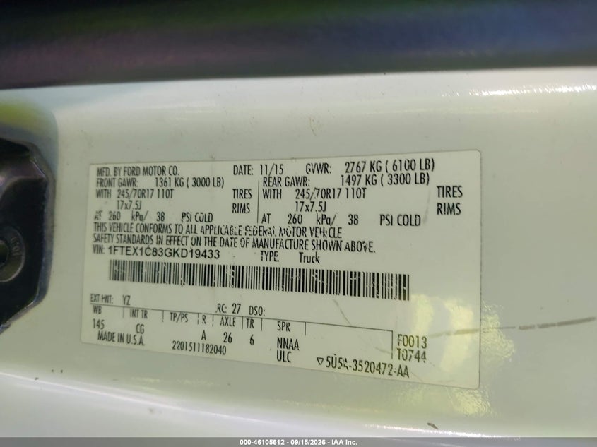 Vin: 1ftex1c83gkd19433, lot: 46605269, ford f-150 xl 20164