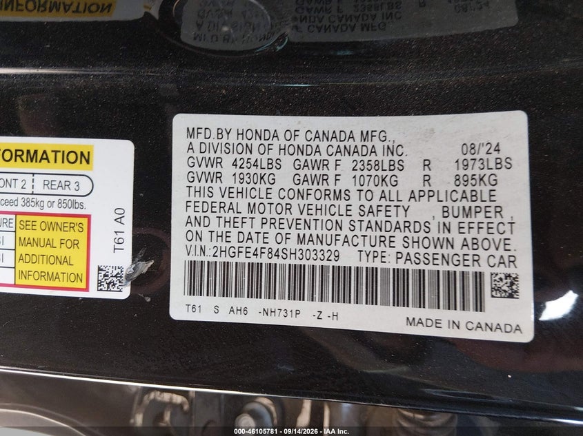 HONDA CIVIC HYBRID 2025 VIN 2HGFE4F84SH303329