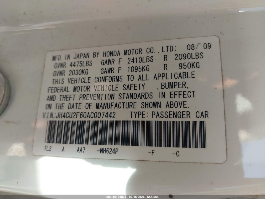ACURA TSX 2010 VIN JH4CU2F60AC007442
