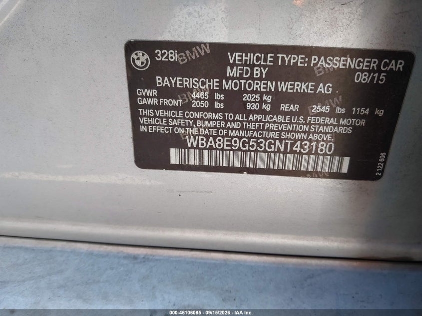 BMW 328I 2016 VIN WBA8E9G53GNT43180