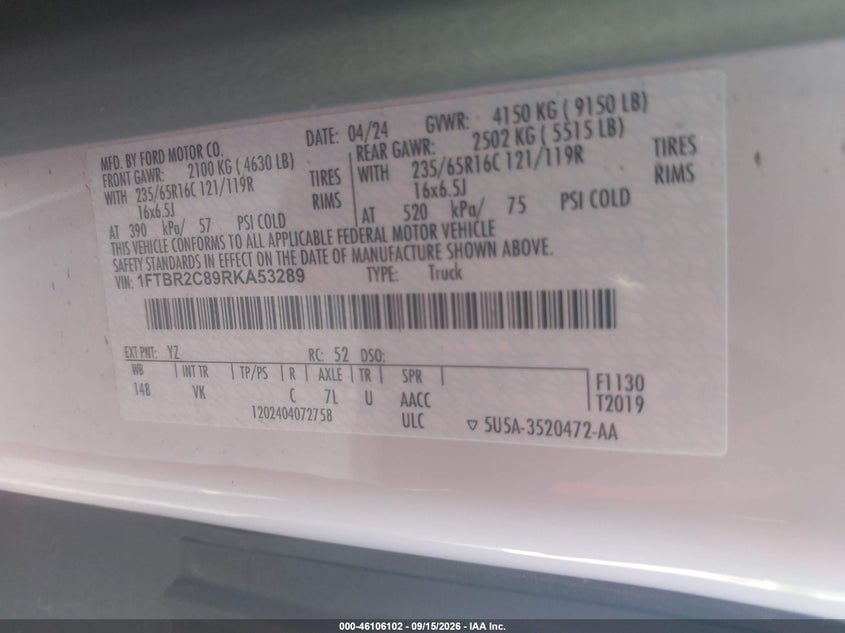Vin: 1ftbr2c89rka53289, lot: 46605760, ford transit-250 20244
