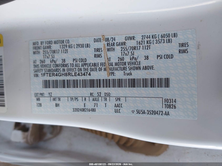 FORD RANGER 2024 VIN 1FTER4GH8RLE43474