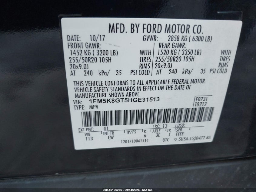 FORD EXPLORER 2017 VIN 1FM5K8GT5HGE31513