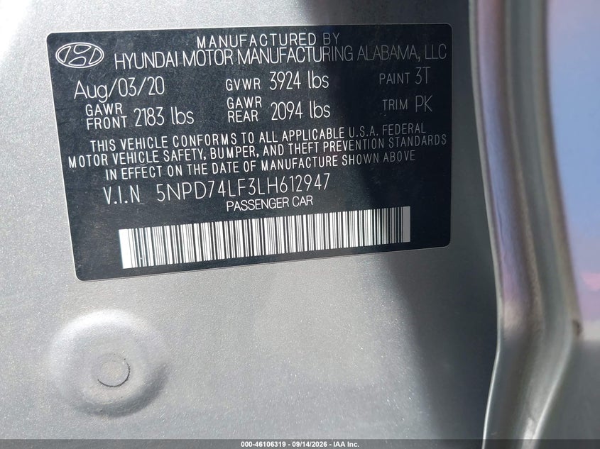 HYUNDAI ELANTRA 2020 VIN 5NPD74LF3LH612947