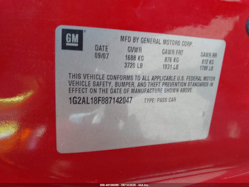 PONTIAC G5 2008 VIN 1G2AL18F887142047