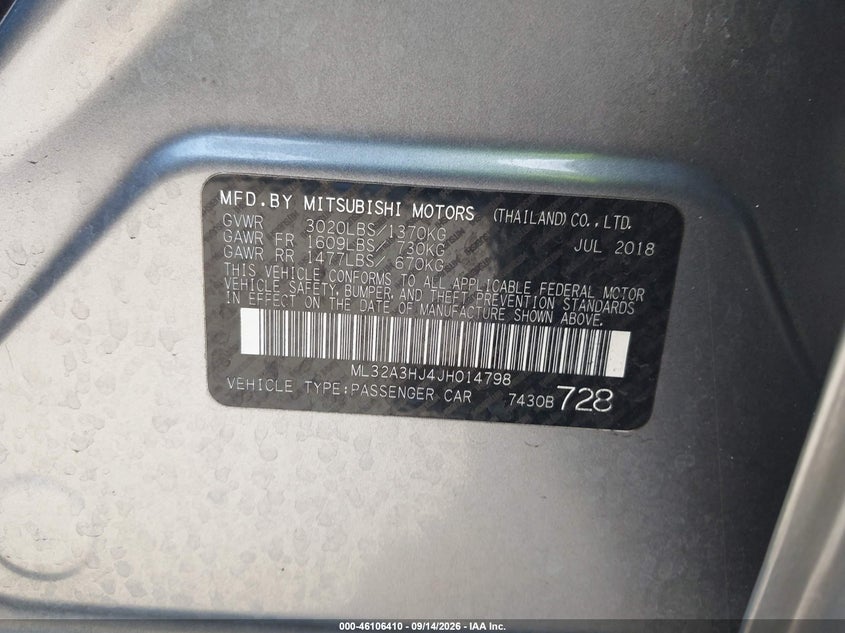MITSUBISHI MIRAGE 2018 VIN ML32A3HJ4JH014798