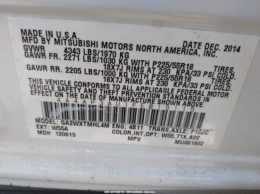MITSUBISHI OUTLANDER SPORT 2015 VIN 4A4AP3AU1FE019115