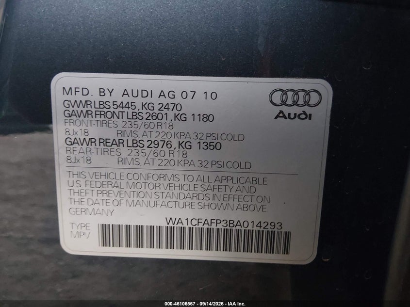 AUDI Q5 2011 VIN WA1CFAFP3BA014293