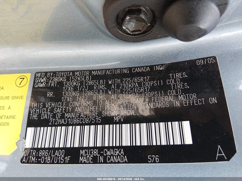 LEXUS RX 330 2006 VIN 2T2HA31U86C087515