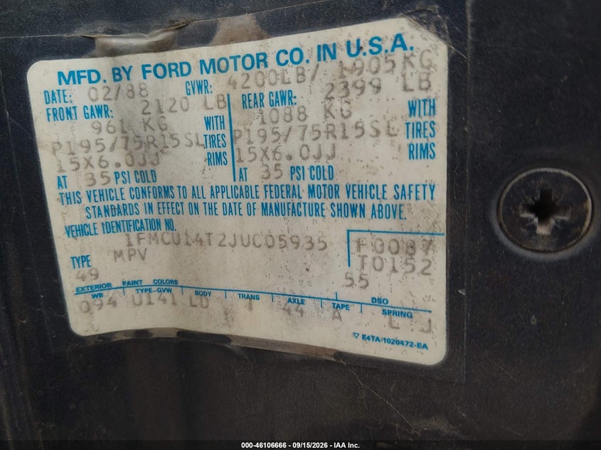 FORD BRONCO II 1988 VIN 1FMCU14T2JUC05935
