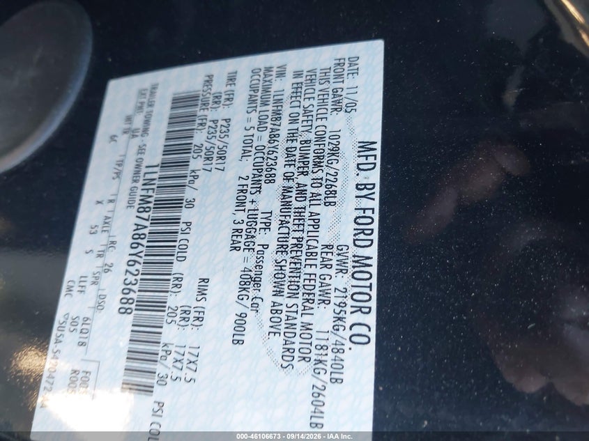 LINCOLN LS 2006 VIN 1LNFM87A86Y623688