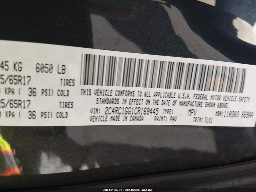 CHRYSLER TOWN & COUNTRY 2012 VIN 2C4RC1GG1CR169445