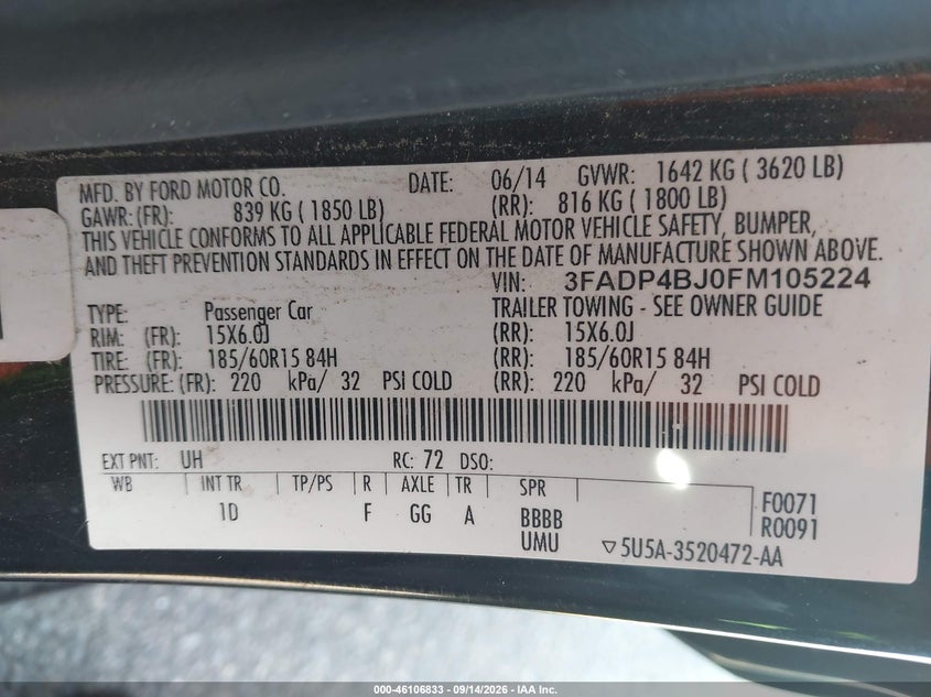FORD FIESTA 2015 VIN 3FADP4BJ0FM105224