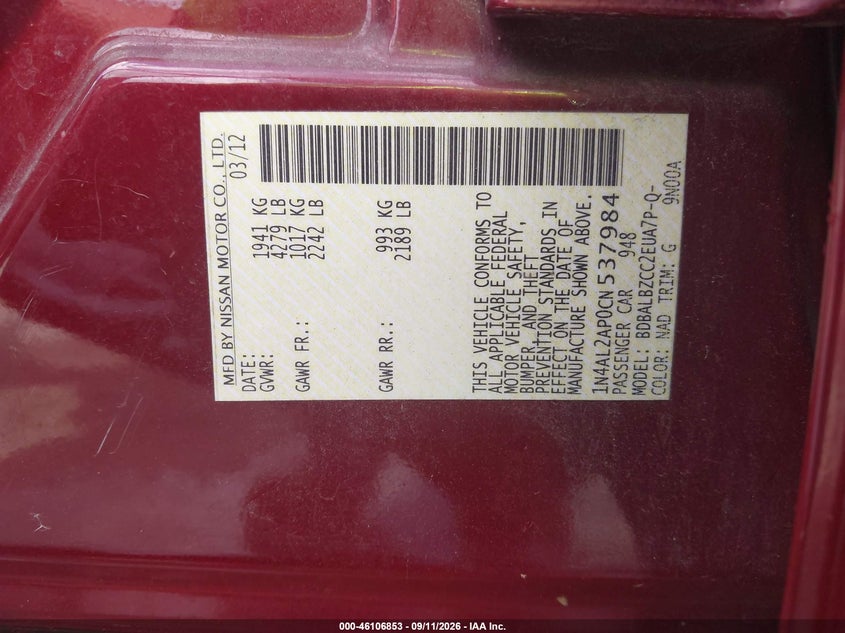 NISSAN ALTIMA 2012 VIN 1N4AL2AP0CN537984