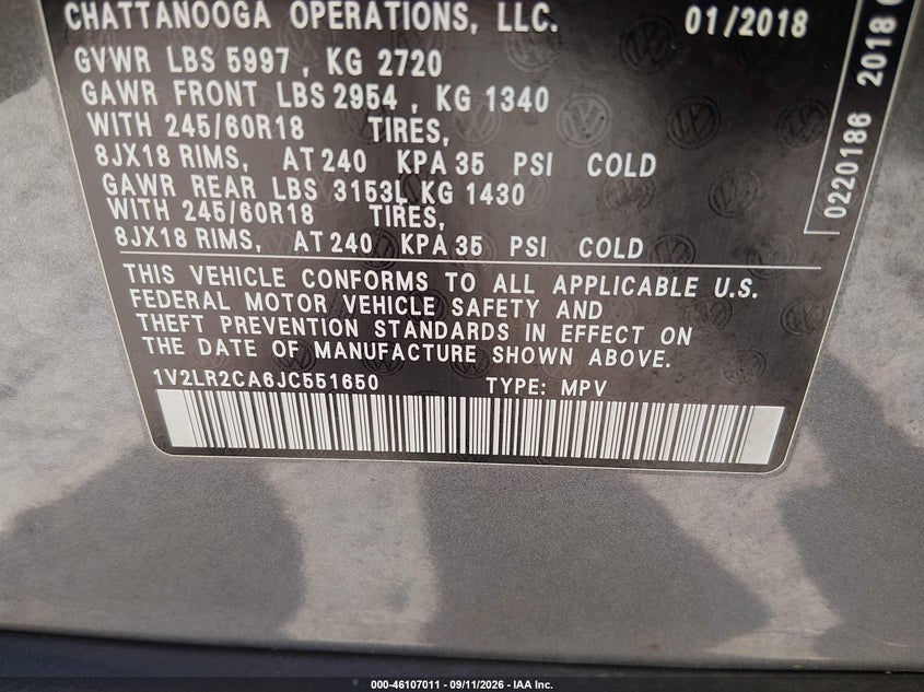 VOLKSWAGEN ATLAS 2018 VIN 1V2LR2CA6JC551650