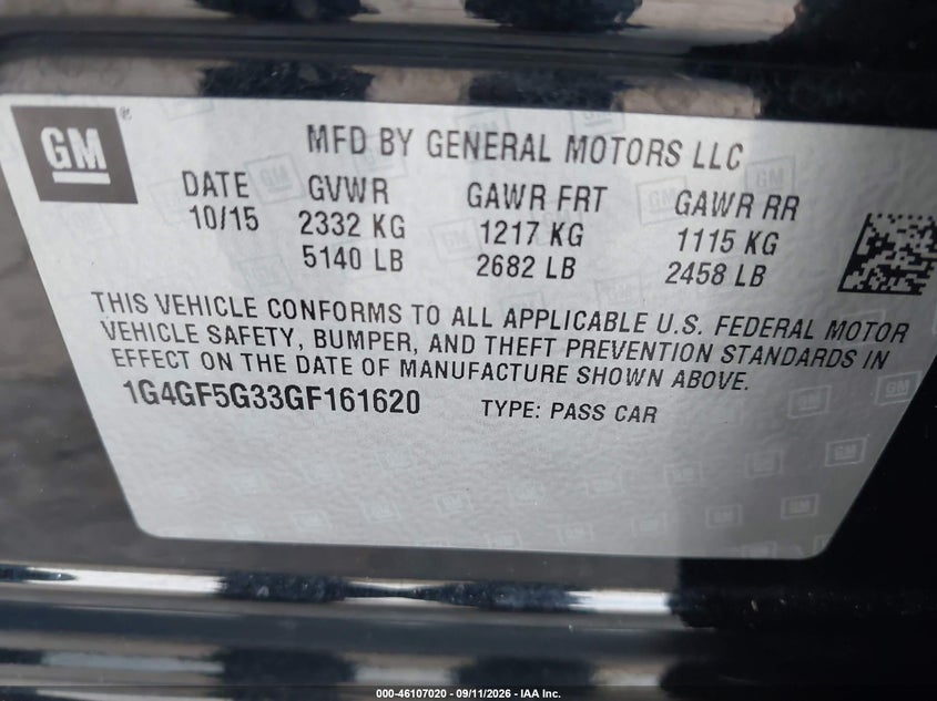 BUICK LACROSSE 2016 VIN 1G4GF5G33GF161620