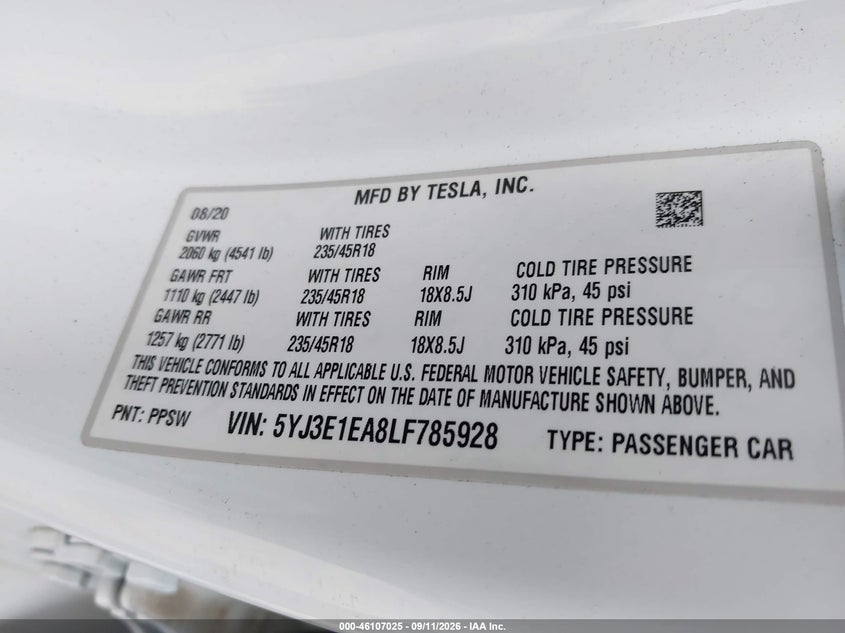 TESLA MODEL 3 2020 VIN 5YJ3E1EA8LF785928