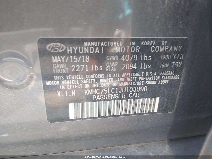 HYUNDAI IONIQ HYBRID 2018 VIN KMHC75LC1JU103090
