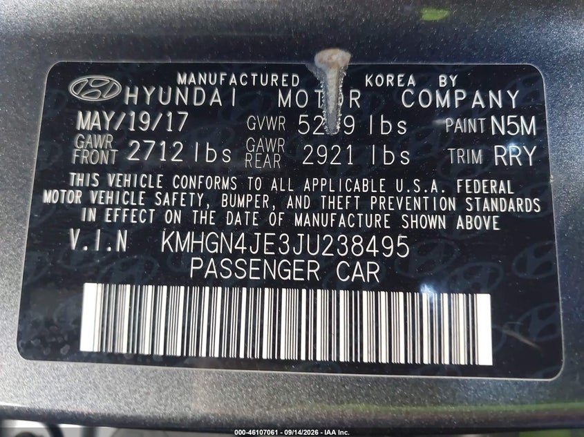 GENESIS G80 2018 VIN KMHGN4JE3JU238495