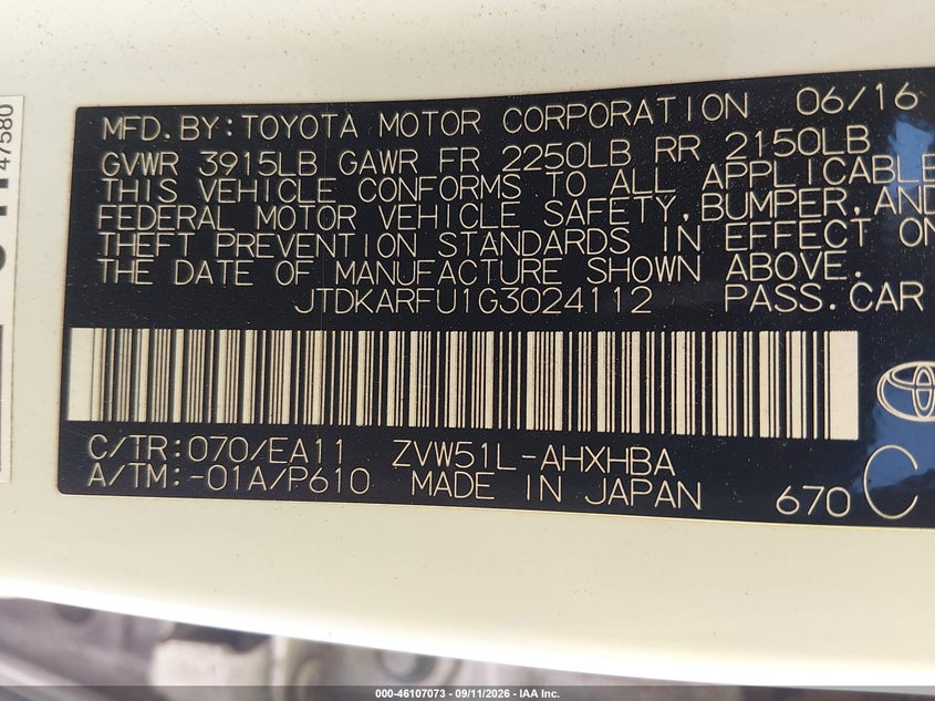 TOYOTA PRIUS 2016 VIN JTDKARFU1G3024112