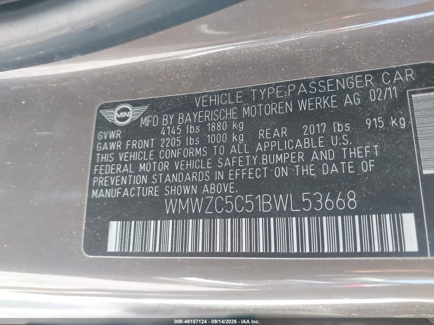 MINI COOPER S COUNTRYMAN 2011 VIN WMWZC5C51BWL53668