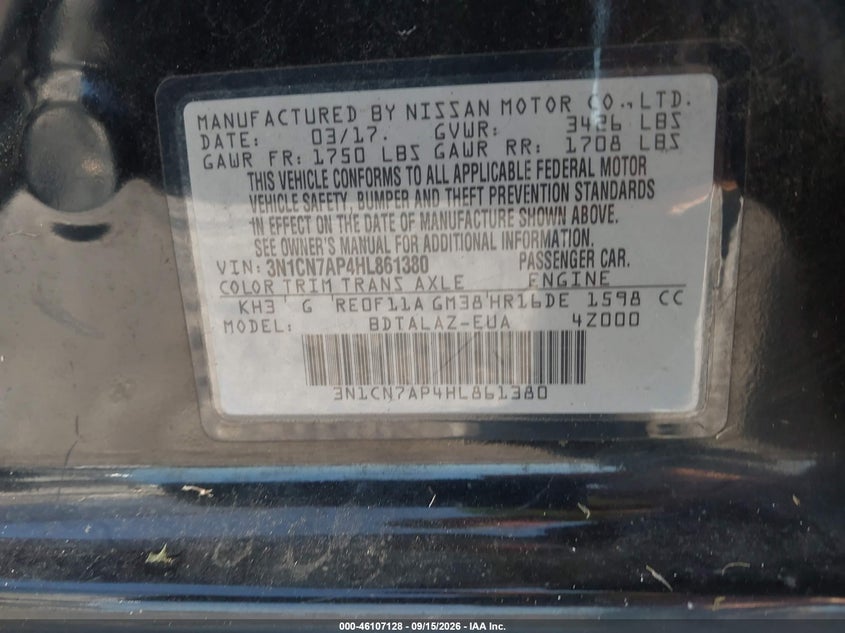 NISSAN VERSA 2017 VIN 3N1CN7AP4HL861380