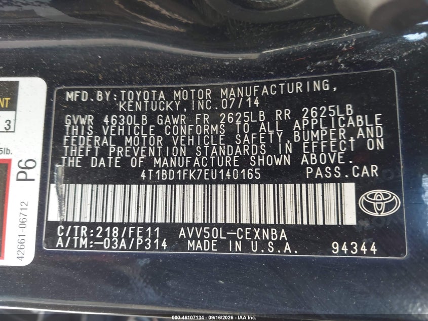 TOYOTA CAMRY HYBRID 2014 VIN 4T1BD1FK7EU140165