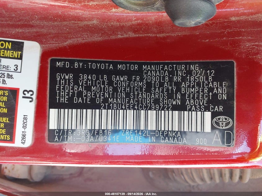TOYOTA COROLLA 2012 VIN 2T1BU4EE4CC799722