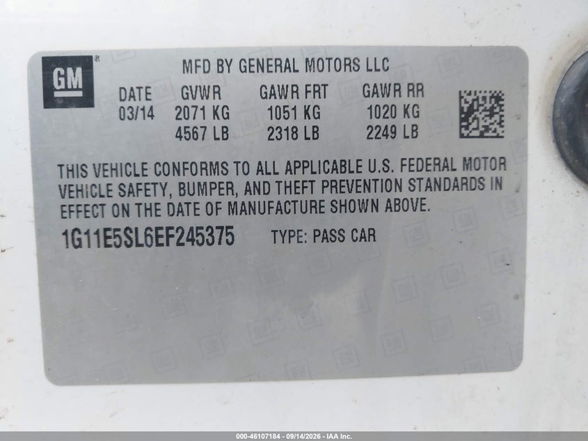 CHEVROLET MALIBU 2014 VIN 1G11E5SL6EF245375