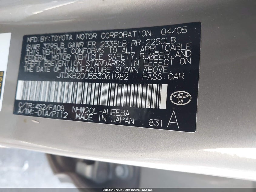 TOYOTA PRIUS 2005 VIN JTDKB20U553061982