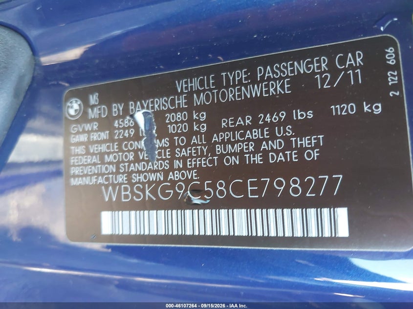 BMW M3 2012 VIN WBSKG9C58CE798277