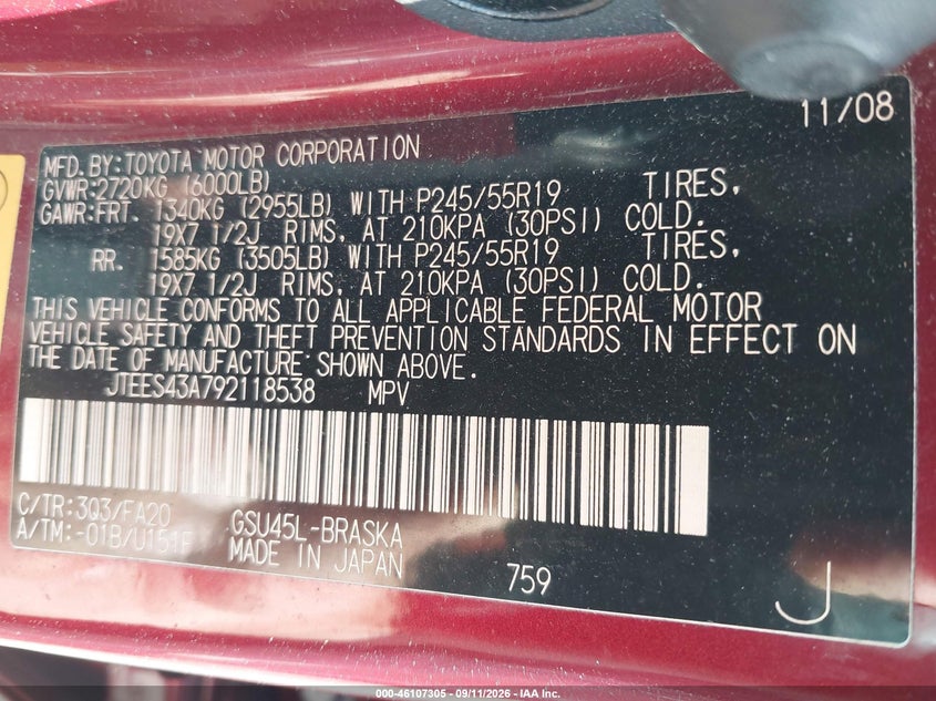 TOYOTA HIGHLANDER 2009 VIN JTEES43A792118538