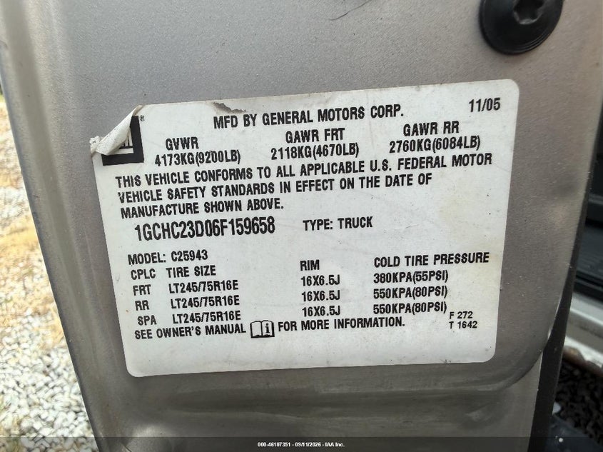 CHEVROLET SILVERADO 2500HD 2006 VIN 1GCHC23D06F159658