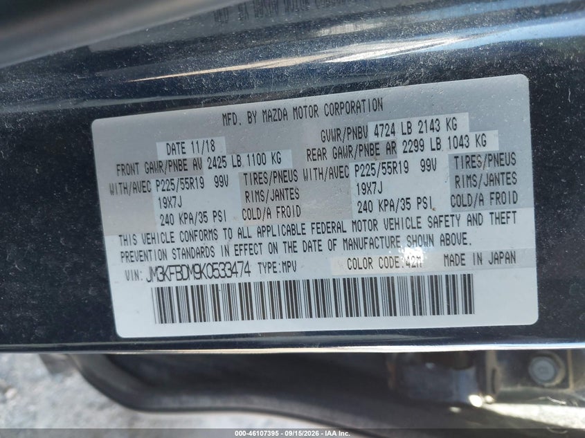 MAZDA CX-5 2019 VIN JM3KFBDM9K0533474