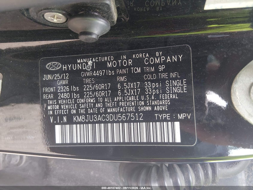 HYUNDAI TUCSON 2013 VIN KM8JU3AC3DU567512